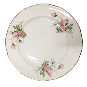 Vintage Canonsburg Hallmark Of Quality Plate With Ruffled Gold Border & Pink Ros